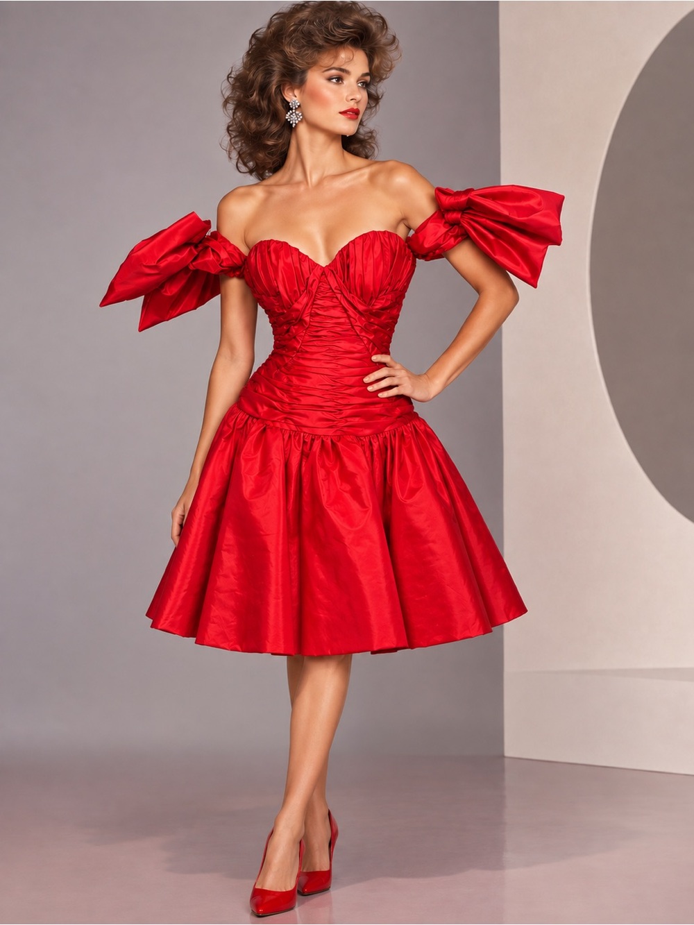 Vintage Victor Costa 1980s Red Taffeta Bow Dress Ruched Off Shoulder VTG Size 8